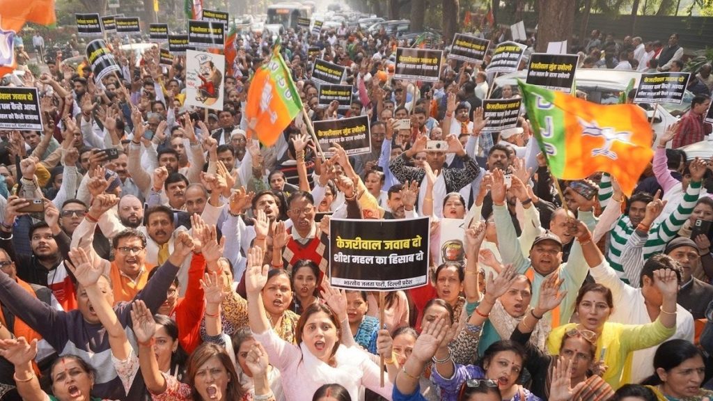 Delhi BJP stages massive protest outside Arvind Kejriwal’s residence over ‘Sheesh Mahal’ row.