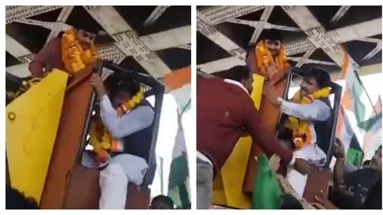 BJP MP gets stuck mid-air while garlanding Ambedkar statue, slaps crane operator.