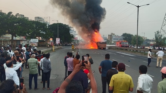 7 killed as car gets crushed between 2 trucks near Navale bridge in Pune.