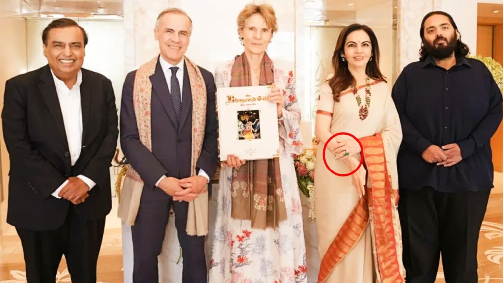 Nita Ambani ditches heavy couture for classic beige saree and colourful jewels for hosting Canadian PM Mark Carney.